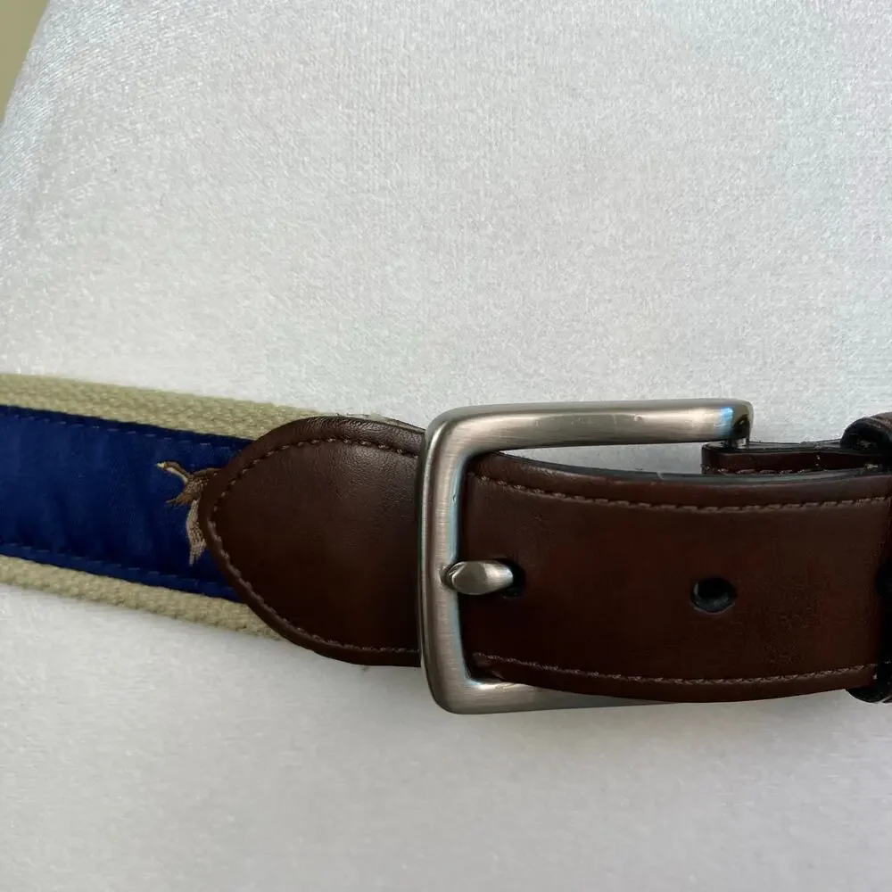 KEH Mens Sz M / 36 Vintage Leather Canvas Belt w Mallard Duck Design Brown Blue